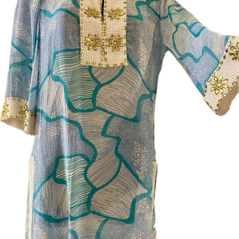 Calypso by Christiane Celle—Bejeweled Blue & Creme Flowing Silk Tunic Dress